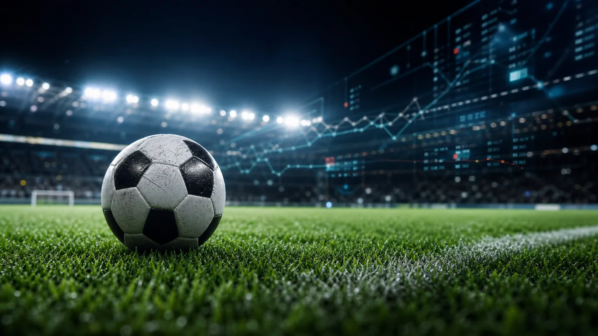 Bola de futebol em estádio com elementos visuais de apostas esportivas online