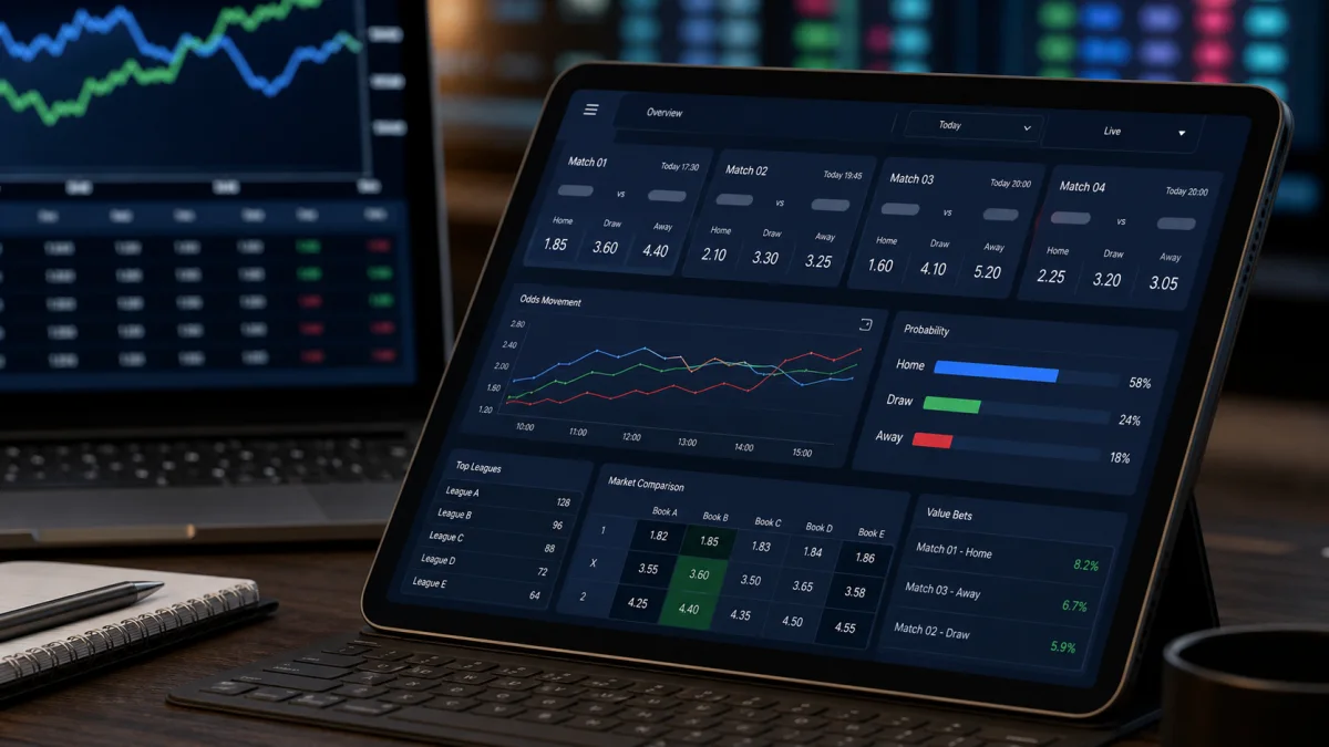 Painel analítico com odds, gráficos e comparação de probabilidades esportivas